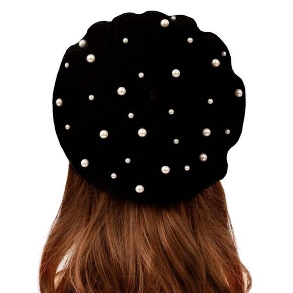 2/$21 Ladies Black Pearl French Beret Beanie Hat - Female Winter Hat - Picture 2 of 4